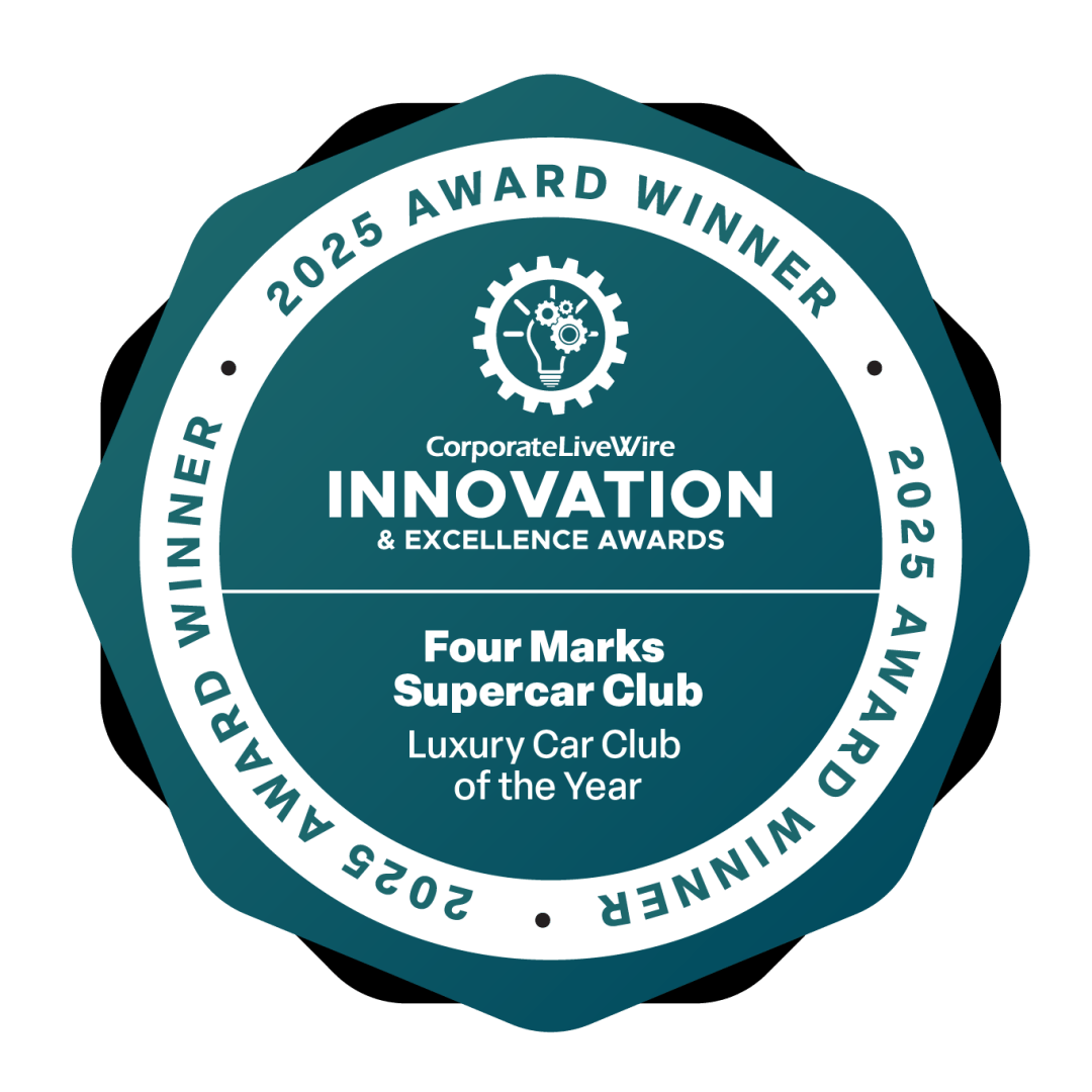 Award badge for the 2025 CorporateLiveWire Innovation & Excellence Awards, recognising Four Marks Supercar Club as Luxury Car Club of the Year.